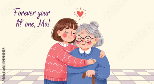 Cartoon illustration of a young girl hugging her elderly mother with love and care