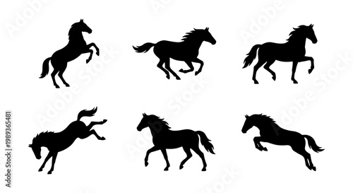 Black horse silhouette collection, set of six wild stallion vectors, galloping and jumping equine figures, isolated animal shapes for equestrian design