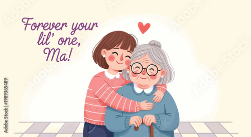 Cartoon illustration of a young girl hugging her elderly mother with love and care