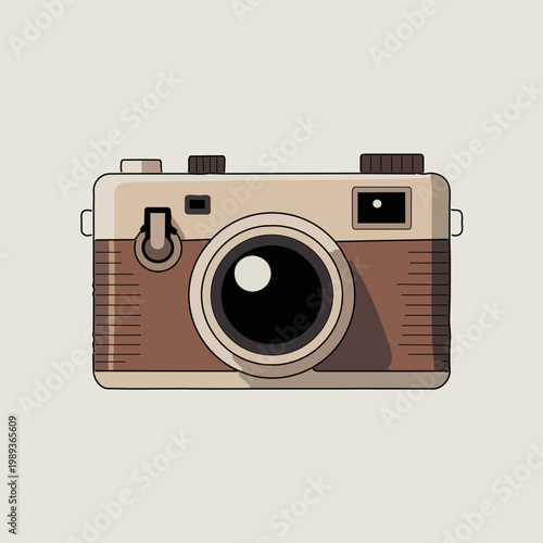Vintage style icon of a camera, sepia tones, detailed, retro aesthetics.
