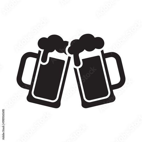 Two beer mugs clinking with foam bubbles black and white minimalist vector illustration
