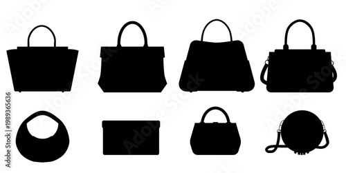 Vector set of black silhouette of various bags. Fashionable set of shadow purses clip arts