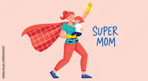 A super mom flying with her little child on a pink background