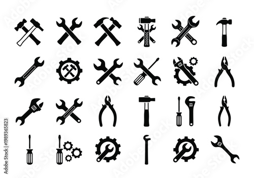 Set of construction and repair tools icons, including hammers, wrenches, screwdrivers, pliers and gears, vector illustration