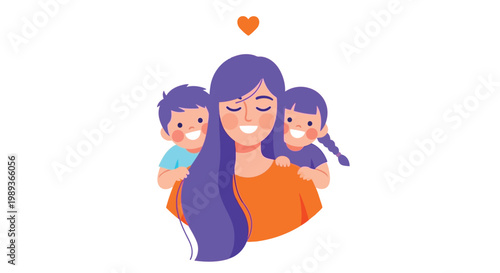 A loving mother with long blue hair embracing her two happy children