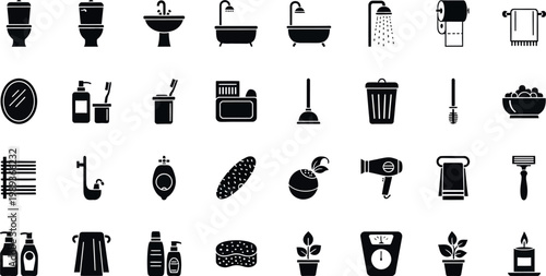 Collection of black and white representing bathroom and personal care toilet sink bathtub shower
