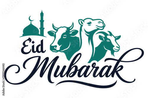 Eid al adha celebration design with mosque, cow, camel, and goat