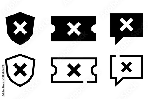 Collection of rejected error and cancellation icons with cross mark on shield ticket and chat bubble