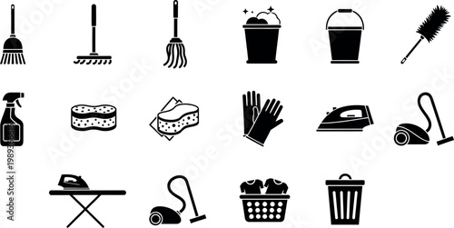 Collection of black cleaning and laundry on white background broom bucket
