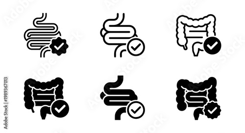 Healthy intestine icon set, human digestive system with checkmark symbols, 6 medical gut health vector icons for gastroenterology and probiotics