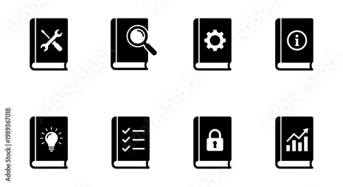 Minimalist book icon set with 8 black vector symbols, technical manual and instruction guide icons, business documentation and knowledge base graphics