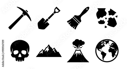 Archaeology and geology icon set, 8 black vector symbols including pickaxe and shovel, skull and volcano icons for science and history education