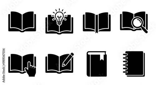 Minimalist book icon set, black solid education symbols, 8 vector elements for library and reading apps, flat academic study graphics
