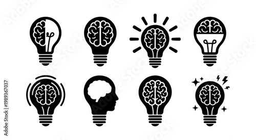 Creative brain light bulb icons set, human mind and intelligence concept symbols, 8 black vector graphics for business innovation and education