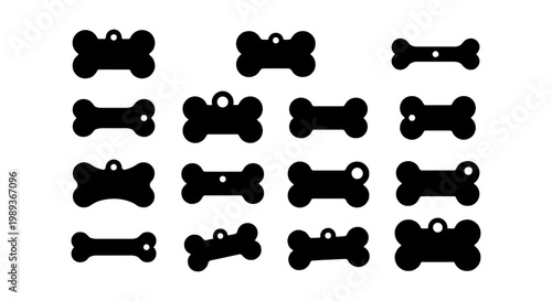Dog bone tag silhouettes, set of 15 black pet identification charms, bone shaped nameplate vector icons for collars and engraving