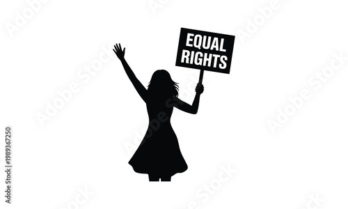 Feminist protest silhouette, equal rights activist, black vector icon, social justice symbol