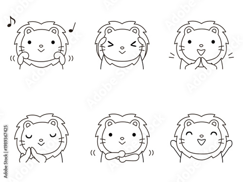 手遊びをするライオンのイラストセット　線画