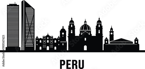 Peru City Skyline Silhouette Vector Illustration with Lima Landmarks Famous Cathedral and Modern Skyscrapers for South American Travel and Tourism Projects