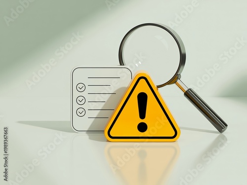 Yellow warning sign with magnifying glass and checklist for business risk audit and assessment