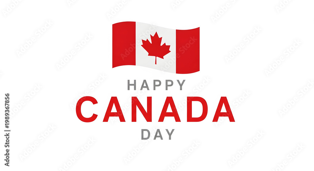 Fototapeta premium Canadian flag waving above Happy Canada Day text in red and grey maple leaf