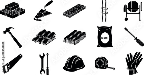 Collection of black construction and d i y tools and building hammer
