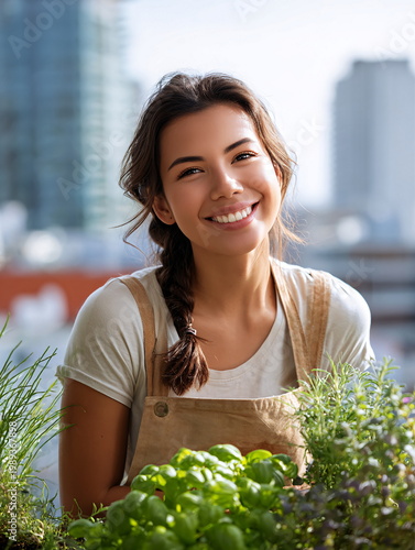 Joyful Hispanic woman with a warm smile gardening herbs on a sunny day