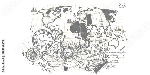A vintage-style world map featuring various travel-themed elements, old clock faces, stamps, tickets, and handwritten notes on a light background.