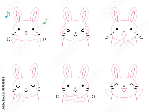 手遊びをするウサギのイラストセット　カラー線画