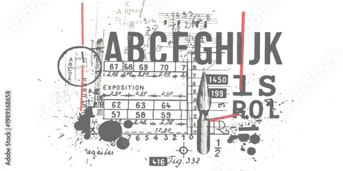 An intricate abstract collage of industrial design elements, technical drawings, typography, numbers, and an antique pen nib on a distressed white background.