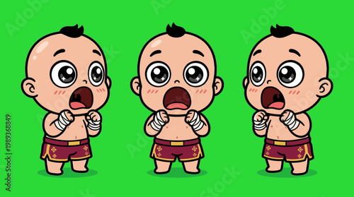 Three Cartoon Fighters with Open Mouths and Boxing Gloves.