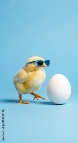 Chick wearing sunglasses beside egg on blue background