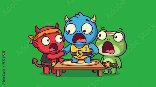 Three Cartoon Monsters Looking Shocked Standing on a Table.