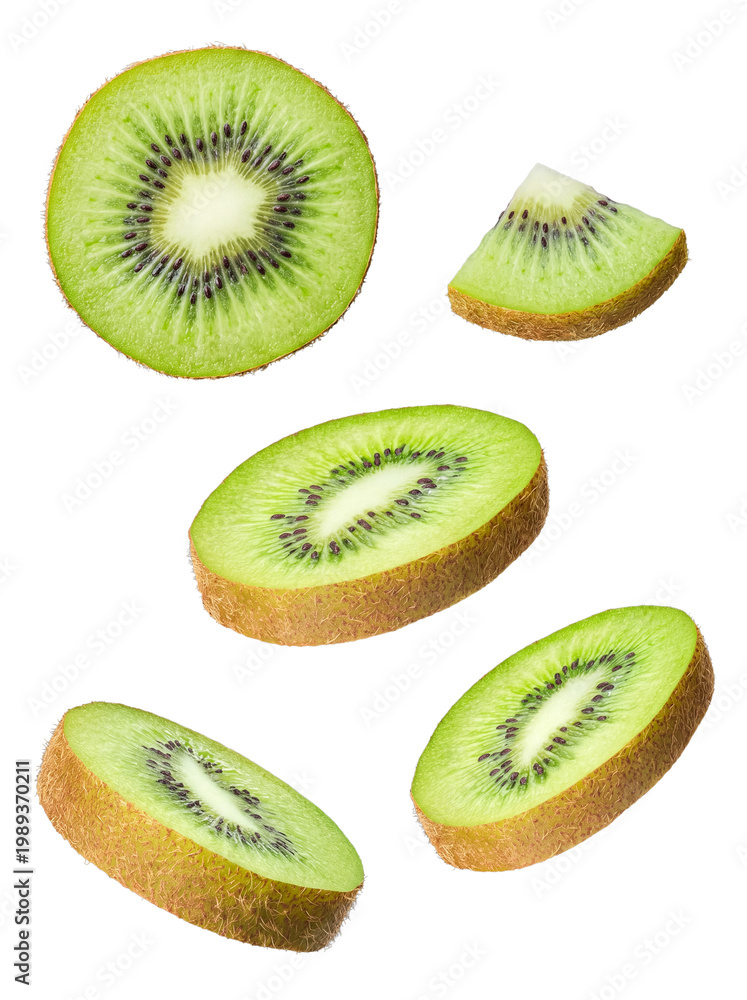 Fototapeta premium Fresh kiwi fruit pieces, including full slices, halves, and quarters.