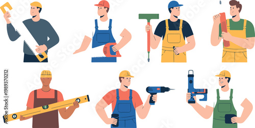 Construction workers and handyman characters with tools, professional builders set, flat vector illustration isolated on white background