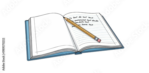 Open notebook with pencil resting on lined page.