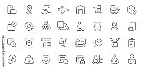 Delivery and logistics line icons set. Shipping, transport, tracking minimal outline symbols