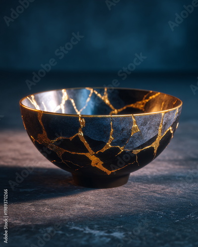 Kintsugi Artistry: Intricate Golden Seams on a Dark Ceramic Bowl