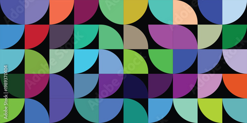 Bright curve seamless pattern. Abstract geometric mid century background. Colorful Swiss modernist or postmodernist style wallpaper. Vector modular repeating overlay.