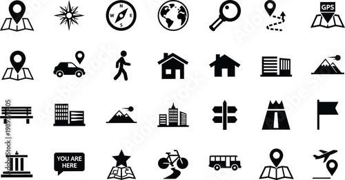 Collection of black navigation and location on white background location pin compass globe magnifying glass