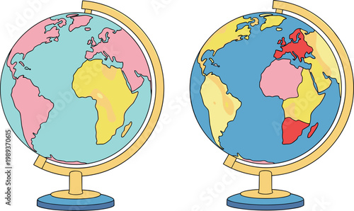 World Globe Vector Illustration Set Showing Earth Maps with Continents for Education Geography Learning, School Materials, Travel Concepts, and Global Awareness Designs