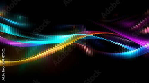 Fotografía Vibrant abstract glass wave texture with glowing multi-color neon ripples and sharp vertical distortion on a black background, perfect for futuristic digital art, and dynamic cinematic backdrops