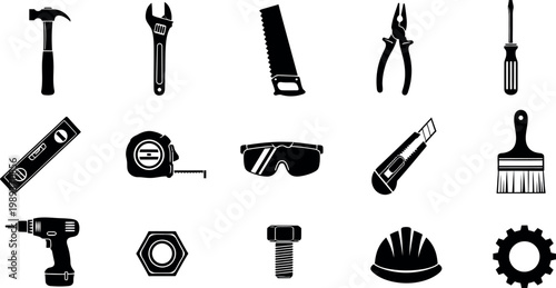 Collection of black silhouette of various tools and safety equipment hammer wrench pliers screwdriver