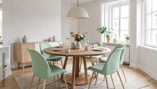 Minimalist dining room with round wooden table. Pastel green chairs surround the table. Natural light streams through large windows. Simple pendant light hangs above the table