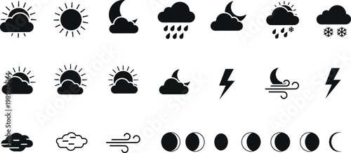 Collection of black weather including sun moon clouds rain snow lightning and wind weather sun
