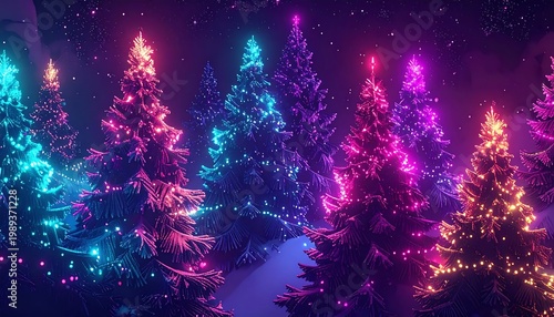Glowing Neon Christmas Trees Forest In A Snowy Wintry Night Landscape With Vibrant Purple And Cyan Lights