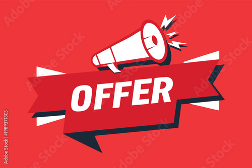 Vibrant graphic illustration featuring a red promotional offer banner with a megaphone, ideal for advertising special discounts, sales, and marketing campaigns to attract customers
