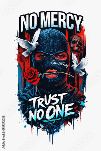 Trust No One mascot with balaclava and roses, No Mercy urban streetwear illustration, gangster style vector art