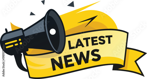 Dynamic graphic featuring a vintage-style megaphone and a vibrant yellow banner, symbolizing a public announcement, breaking news, and essential information broadcast