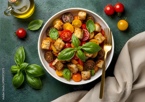Delicious panzanella salad with fresh tomatoes basil and bread cubes in white bowl transparent background