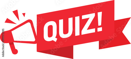 Dynamic red banner graphic with a megaphone announcing a quiz, perfect for interactive games, educational events, and online challenges to engage participants